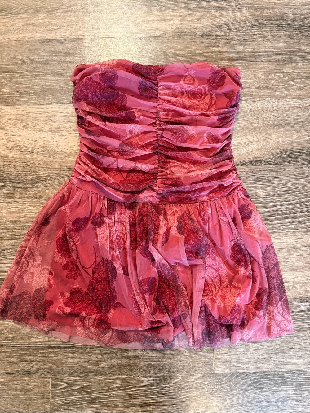 Cider Strapless Pink and Red Floral Ruching Mini Dress